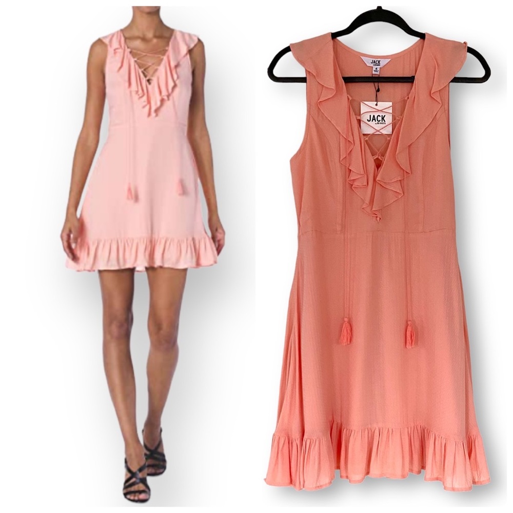 NWT Jack by BB Dakota Peach Helen Dobby Lace Up Ruffle Dress  Size 4